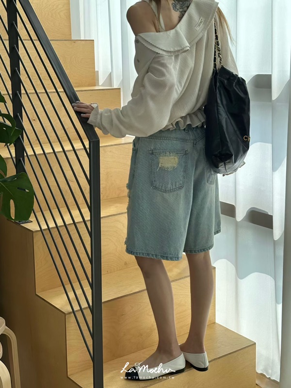 反摺牛仔割破五分褲